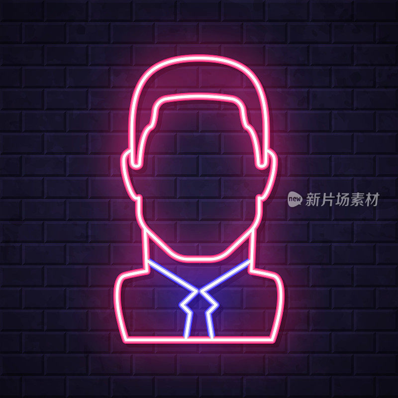 商人。在砖墙背景上发光的霓虹灯图标