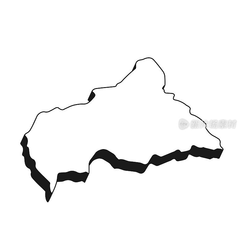 中非共和国地图，白色背景上有黑色轮廓和阴影