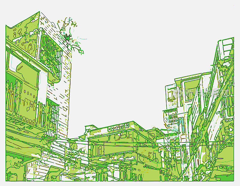勾勒出艺术风格的卡通插画，城市民居建筑在老城区的场景