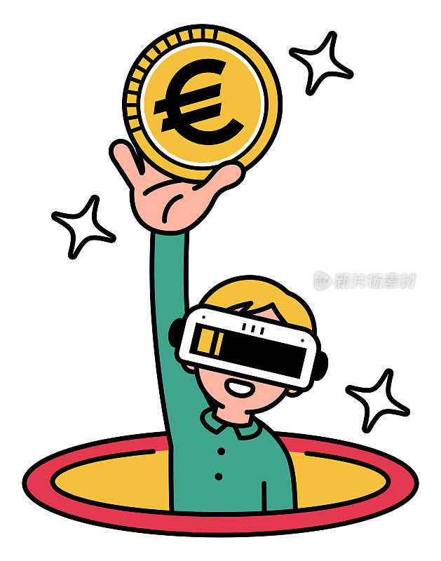 一个戴着虚拟现实耳机或虚拟现实眼镜的男孩从虚拟的洞里跳出来，进入虚拟世界，向人们展示金钱