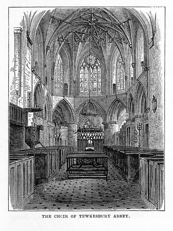 唱诗班阁楼，图克斯伯里修道院，英国格洛斯特郡，维多利亚版画，1840年