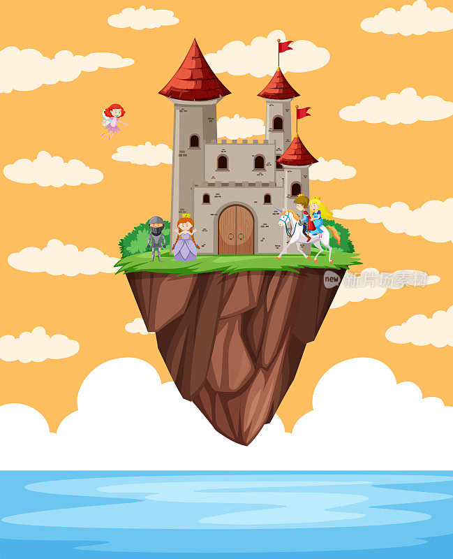 城堡漂浮在岛上的景象