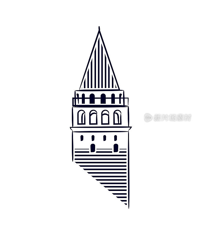 加拉塔伊斯坦布尔孤立图标插画制作线条艺术风格。加拉塔是卡拉科伊和伊斯坦布尔的象征。