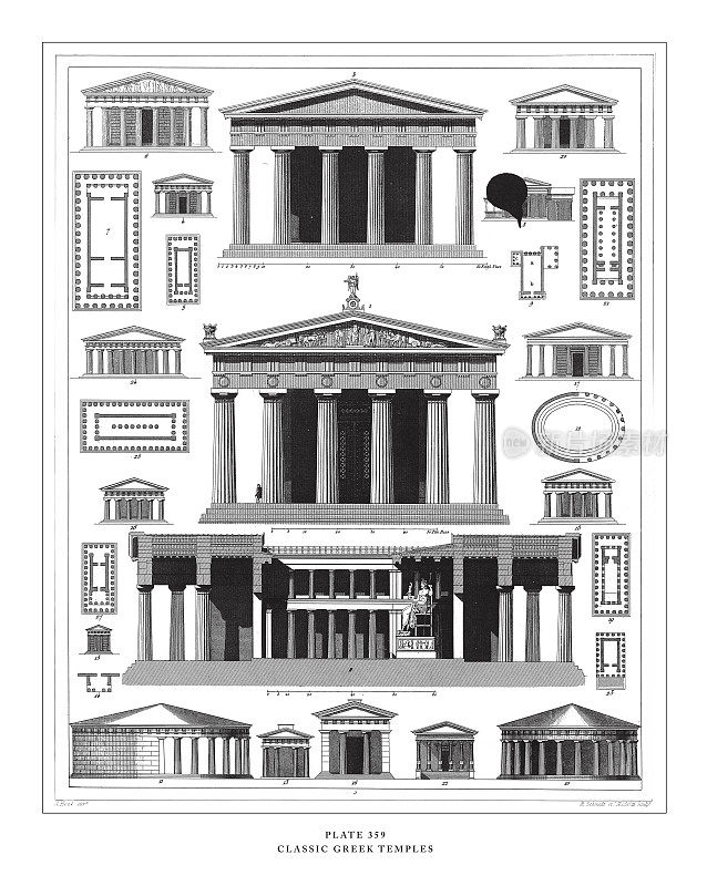 古典希腊庙宇雕刻古董插图，出版于1851年