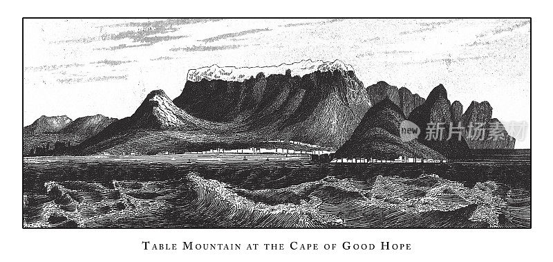 好望角桌山，岩谷构造与分层雕刻古董插图，1851年出版