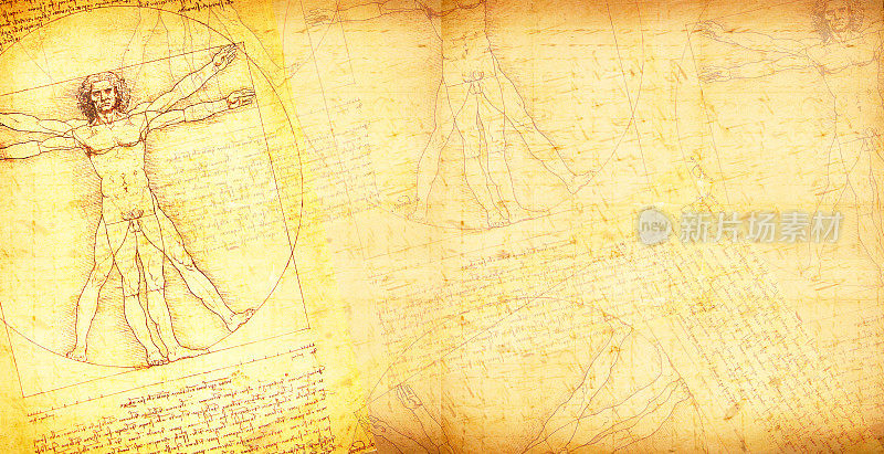 维特鲁威人矢量艺术在复古风格的纸背景
