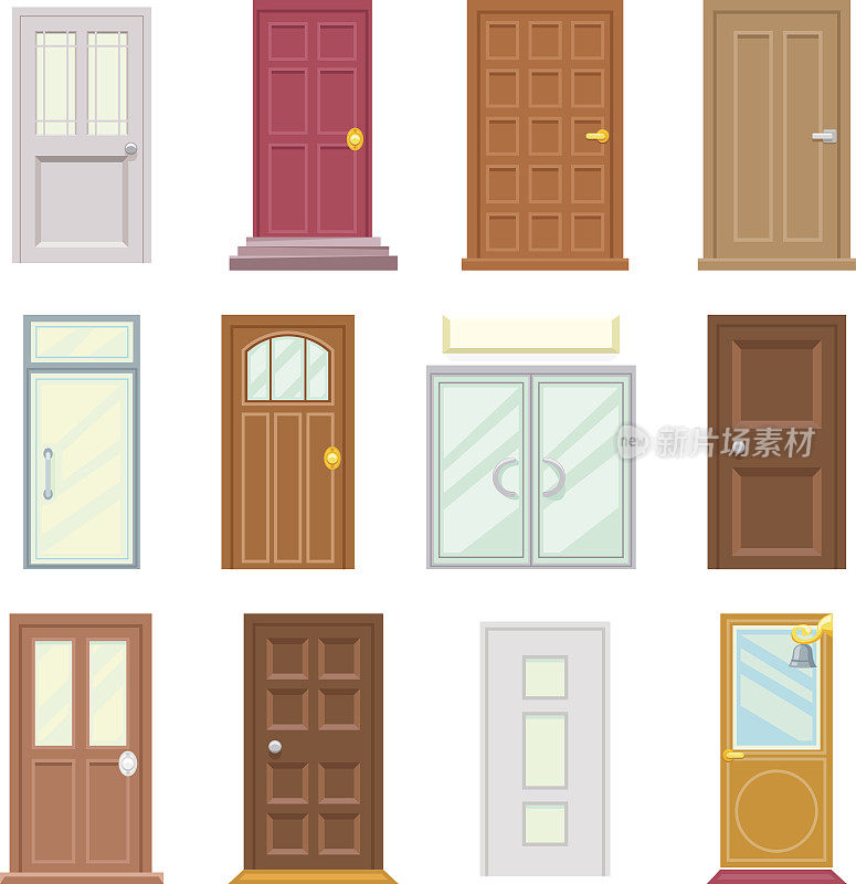 现代旧门图标设置房子平面设计孤立矢量插图