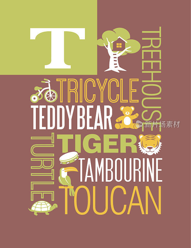字母T的海报。以T开头的插图和单词。