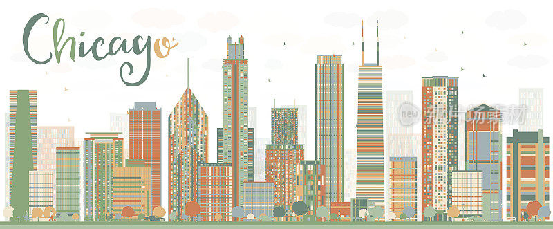 抽象的芝加哥天际线与彩色建筑。
