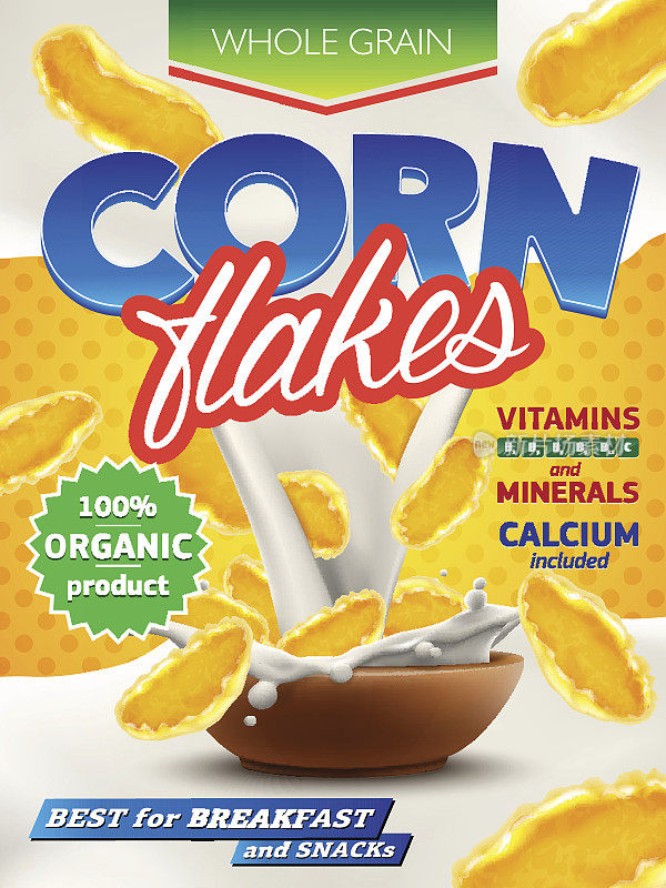 逼真的玉米片广告插图与大牛奶喷溅。高质量的艺术广告传单，海报或标签设计