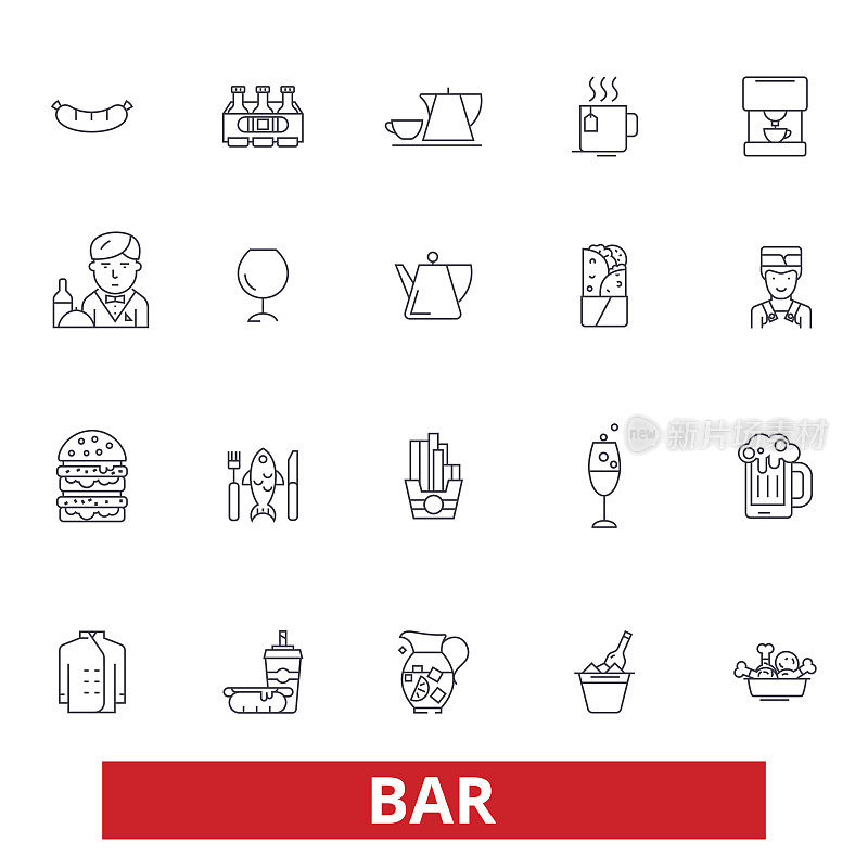 酒吧，咖啡馆，啤酒，酒吧，饮酒，饮食，餐厅，鸡尾酒，派对，快餐系列图标。可编辑的中风。平面设计矢量插图符号概念。线性符号孤立在白色背景上