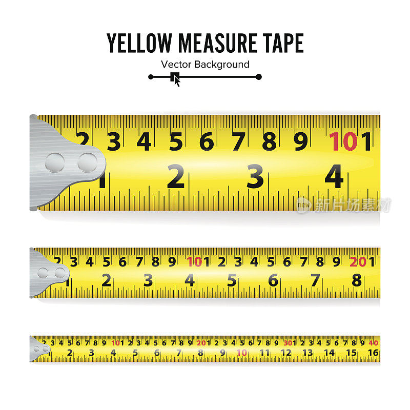 黄色测量带向量。厘米和英寸。测量工具设备插图孤立在白色背景。几种变体，比例缩放