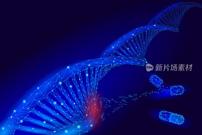 基因治疗DNA三维化学分子结构低聚。多边形三角形点线健康细胞部分。创新蓝色医学基因组工程载体，展示未来商业技术