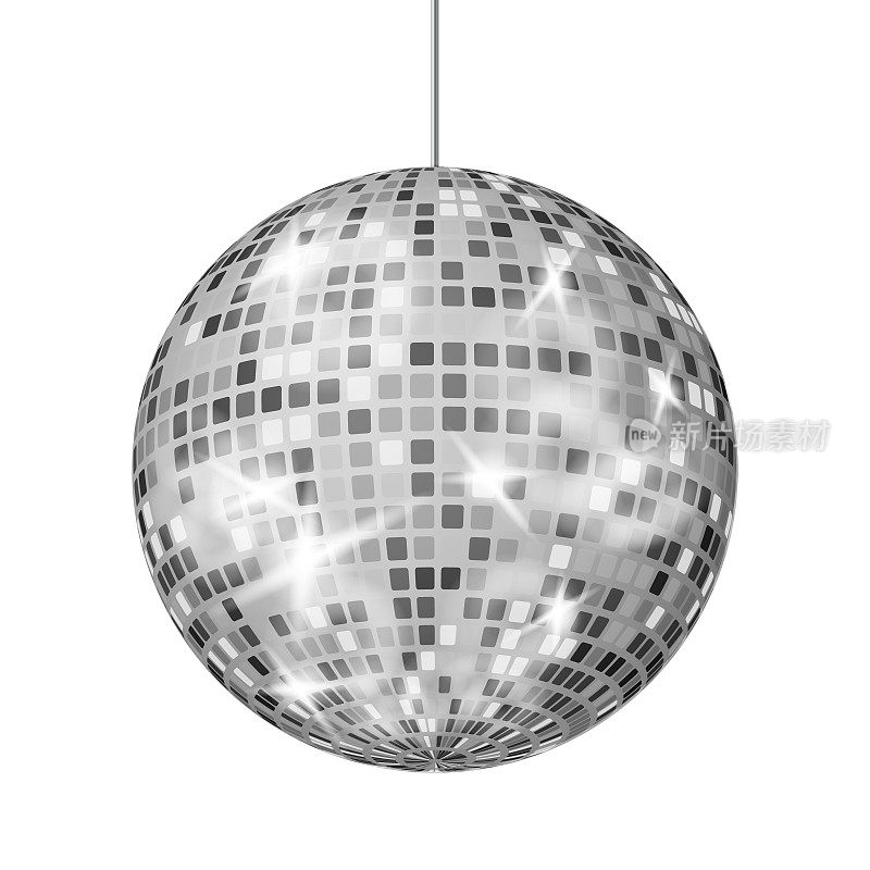 银色迪斯科球矢量。舞蹈夜店复古派对经典轻元素。银镜的球。迪斯科设计。孤立的白色背景插图
