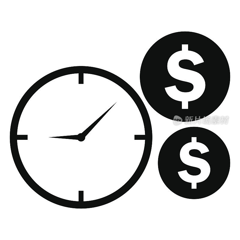 时间就是金钱的象征。钟和硬币的符号。向量