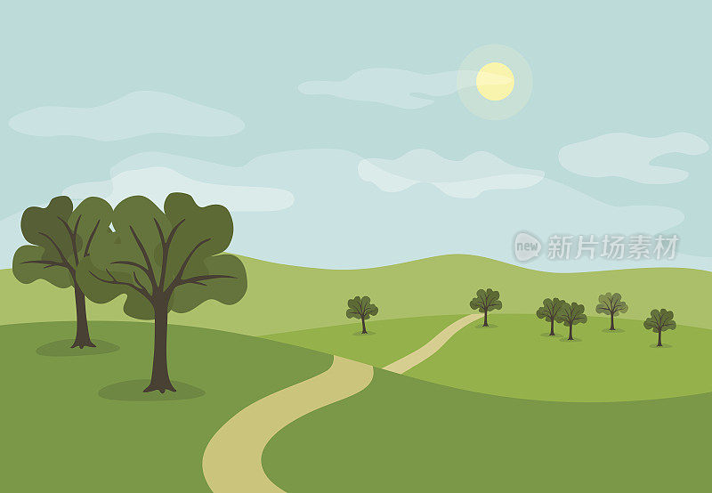 风景小径穿过夏天的绿色山丘和草地与树木，卡通矢量插图