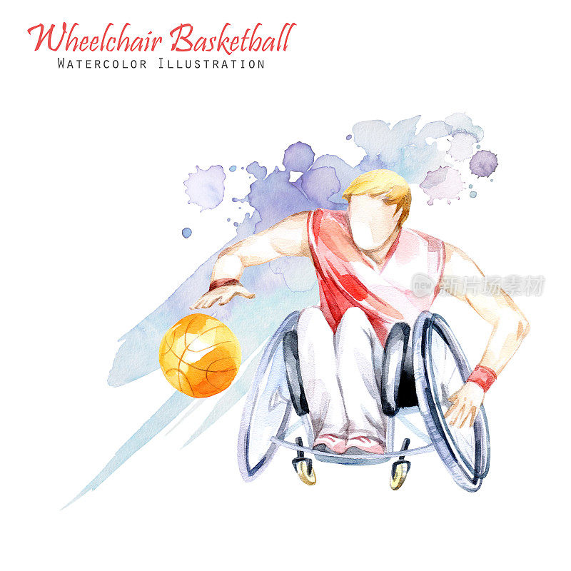 水彩插图。轮椅篮球，残疾人运动。残疾人运动员的形象在轮椅上与一个球拍。活跃的人。残疾和社会政策。社会支持