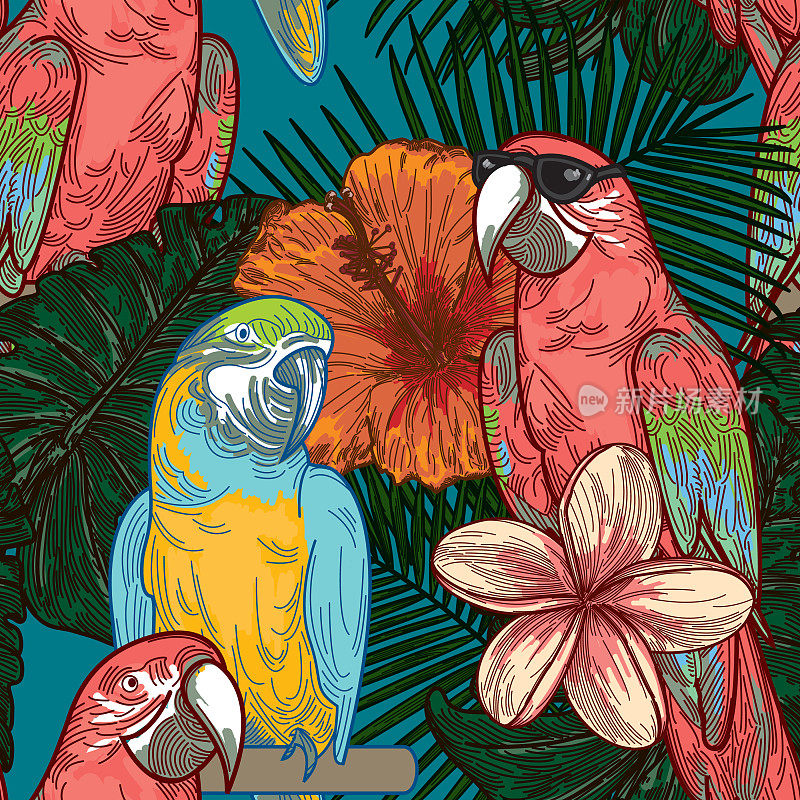 凉爽无缝热带植物鹦鹉图案