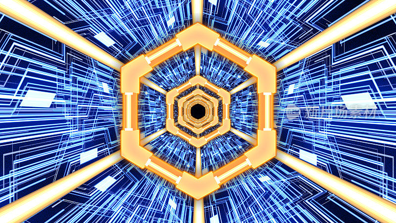 未来主义设计中的六角环边和线路板三维数字隧道(橙-蓝)