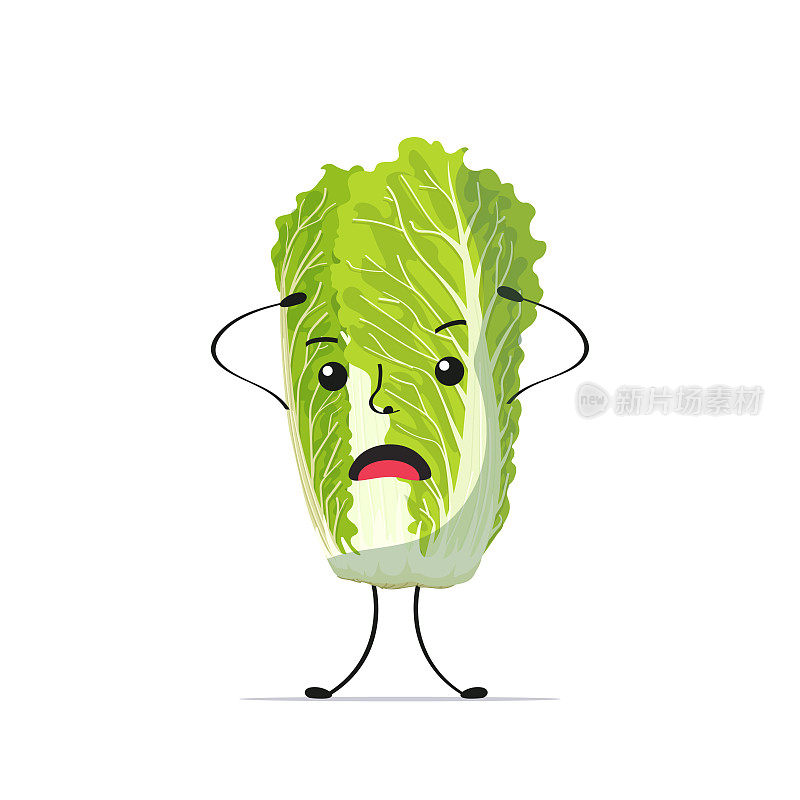可爱新鲜的绿色大白菜人物抱头可口的吉祥物蔬菜人士健康食品理念