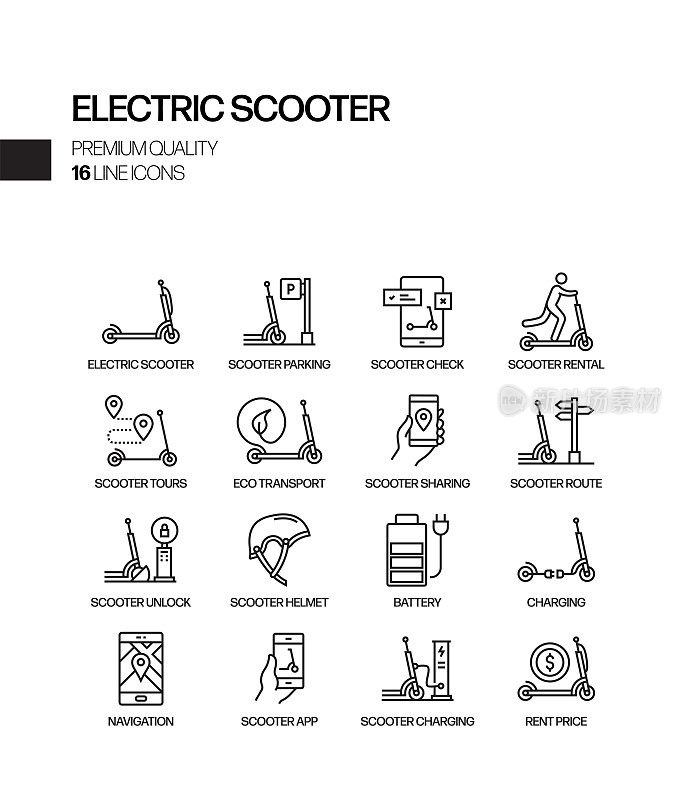 电动滑板车相关的矢量线图标的简单设置。大纲符号集合