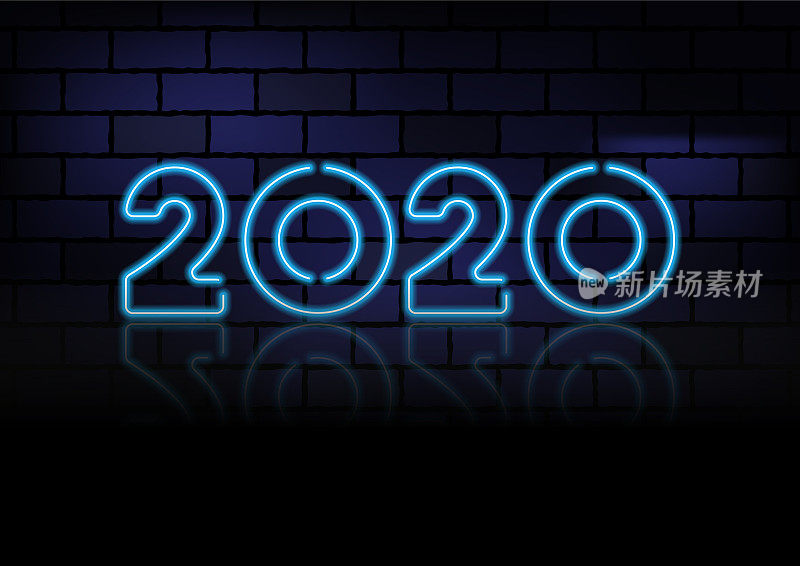 2020年黑色砖墙上的蓝色霓虹灯