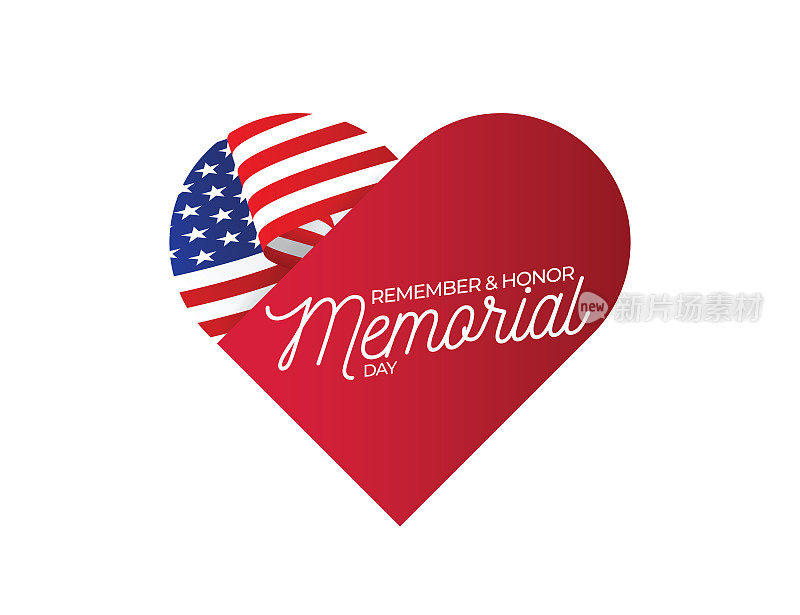 美国阵亡将士纪念日贺卡与心脏形状的背景在美国国旗颜色。股票插图