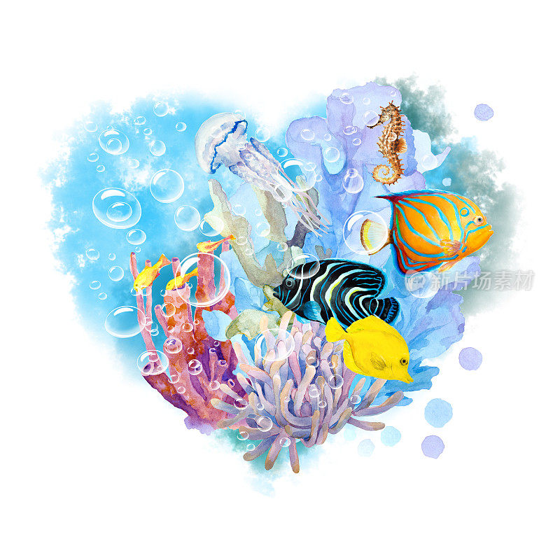 抽象的蓝色水中心有气泡，水下暗礁有海草、珊瑚、海马、皇帝神仙鱼、蓝环神仙鱼、黄汤和水母。水彩。