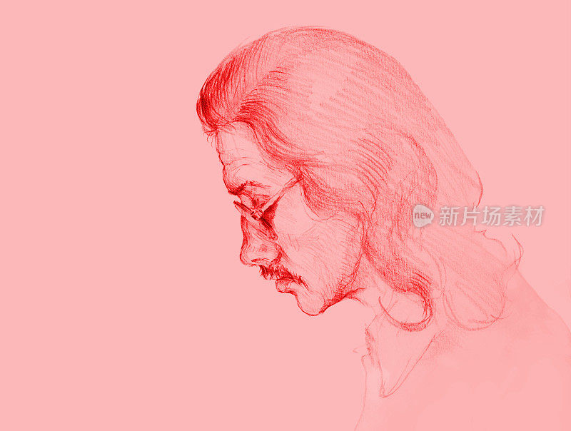 插图铅笔画肖像的一个男人在侧面与长黑发和胡子戴眼镜在红色的背景