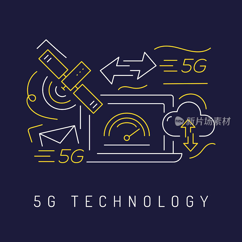 5G技术概念，现代线条艺术图标背景。线性风格矢量插图。