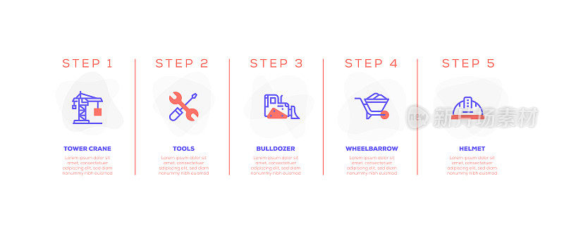 信息图表设计模板。塔吊，工具，推土机，手推车，头盔图标与5个选项或步骤。