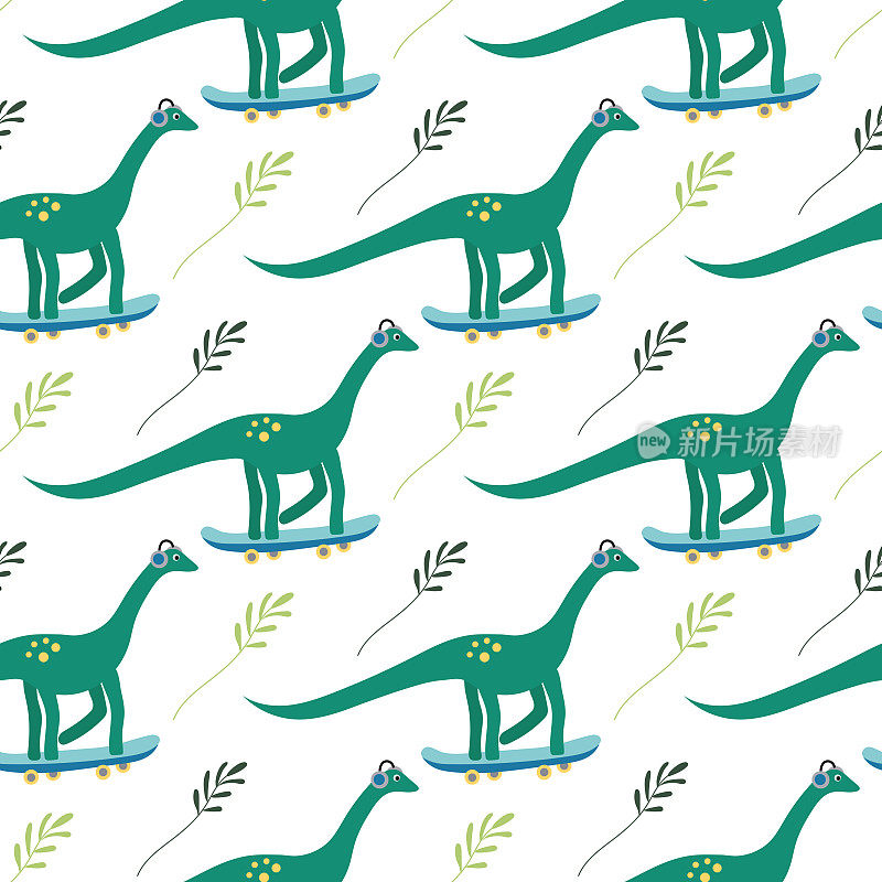 无缝模式的滑板恐龙听音乐的白色背景与绿色的树叶。