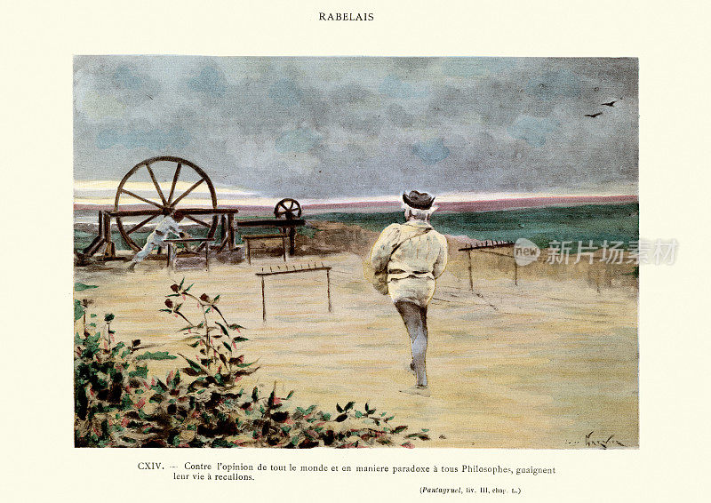 拉伯雷的潘塔格鲁，人转动着一个巨大的轮轴曲柄系统