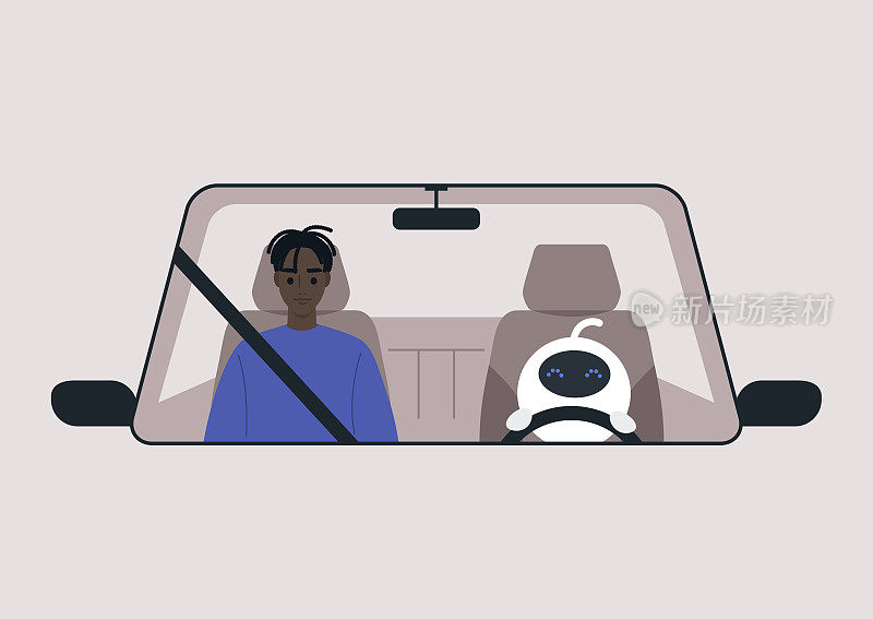 一个无人驾驶汽车的概念，一个白色可爱的机器人驾驶着一辆汽车，前座上坐着一名乘客