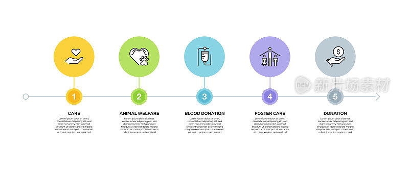 信息图表设计模板。关怀，动物福利，献血，寄养，捐赠图标有5个选项或步骤。