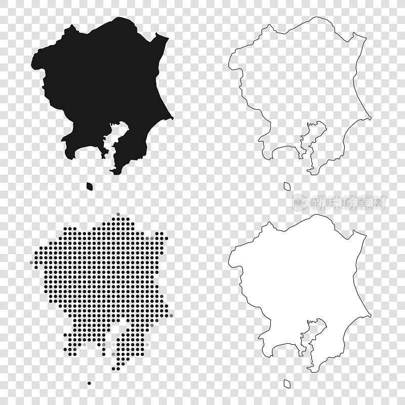 关东地图设计-黑色，轮廓，马赛克和白色