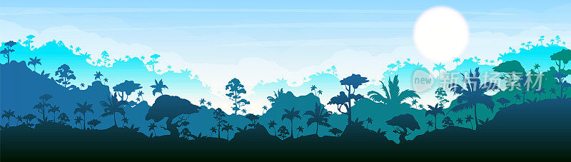 丛林平面颜色矢量插图。蓝森林风景。明亮的全景。热带自然景观。田园诗般的环境。热带雨林2D卡通景观层的背景