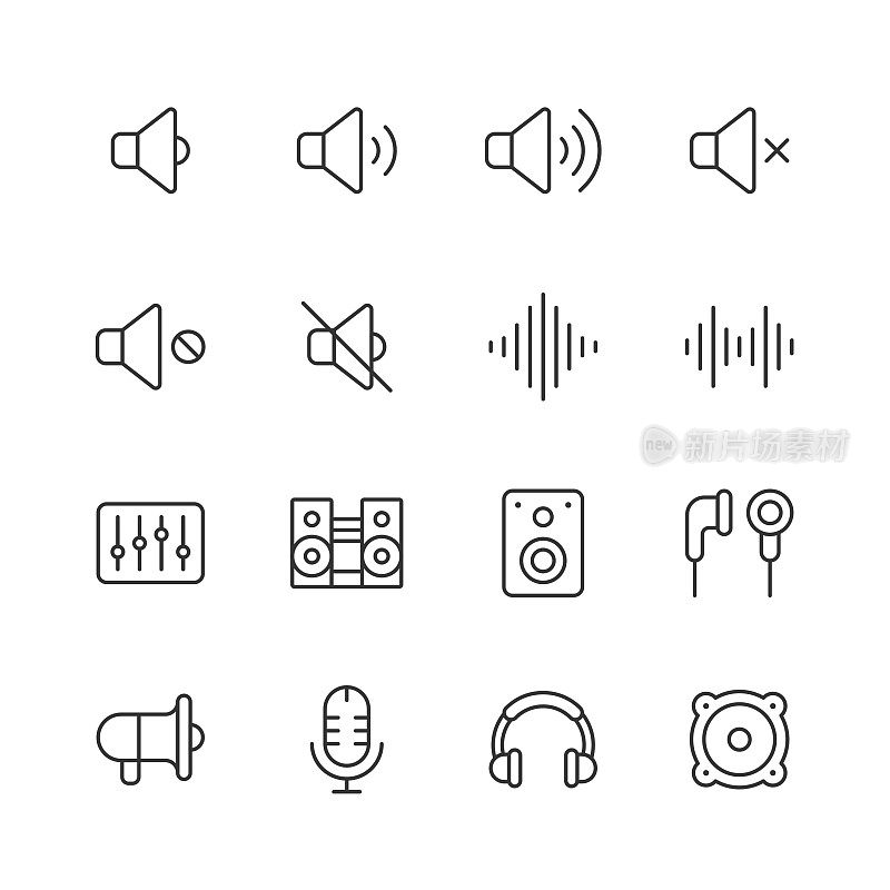 音频线路图标。可编辑的中风。像素完美。移动和网络。包含声音、音量、静音、音乐、声波、频率、立体声、混音器、扬声器、耳机、音乐、收音机、麦克风、耳机、讲话、耳朵等图标。