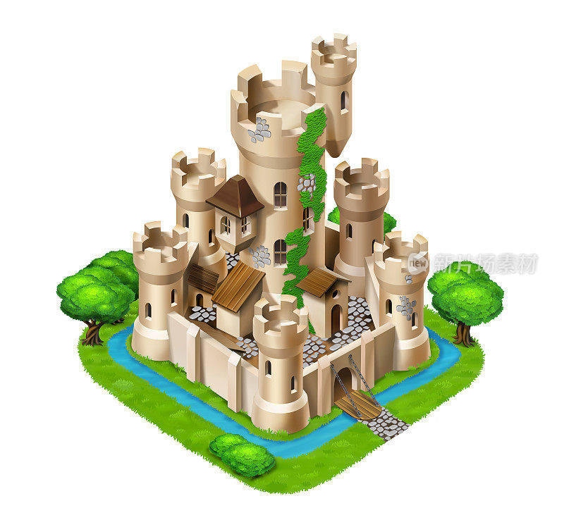 中世纪等距3D城堡插图适用于游戏和定居点和城市的大型场景。