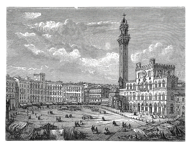 1866年，意大利锡耶纳的美食之塔和公共宫殿