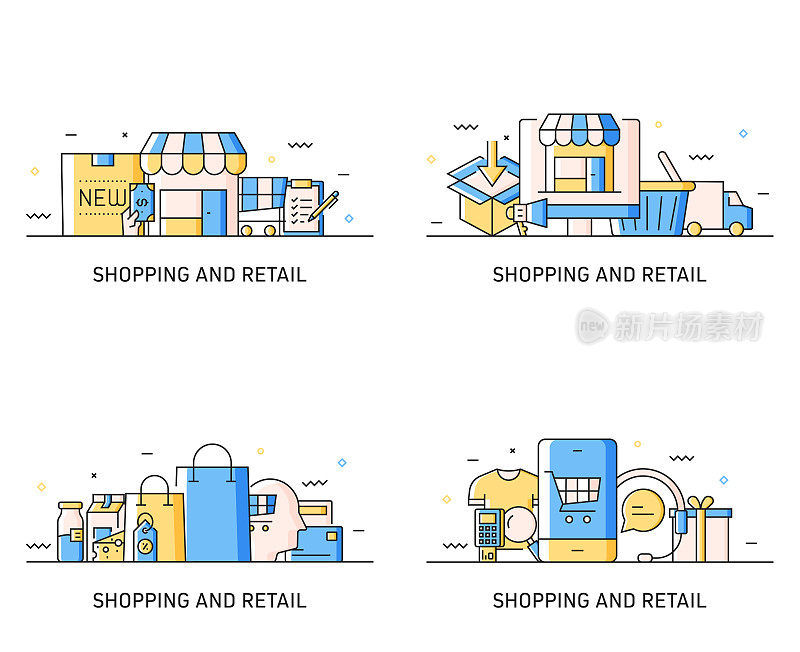 购物和零售相关的现代线条风格矢量插图