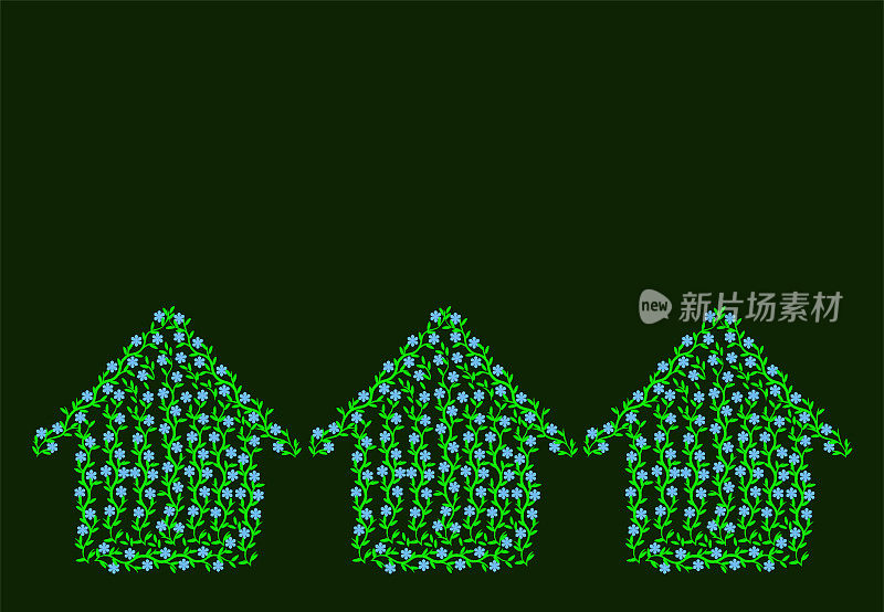 三栋生态绿色夏屋的图案，由树枝和树叶和蓝色的花组成，在黑暗的背景上孤立。副本的空间。健康的农村生活。自然旗帜。别墅出租。