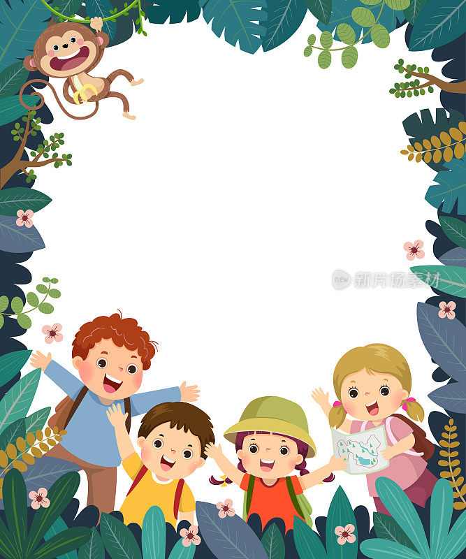 在森林里露营或旅行的快乐的孩子的卡通广告手册模板。