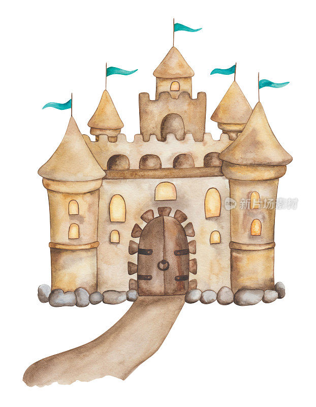 水彩插图手绘城堡，城堡，宫殿在沙，褐色旗帜，道路，石头周围的大厦。王国城堡