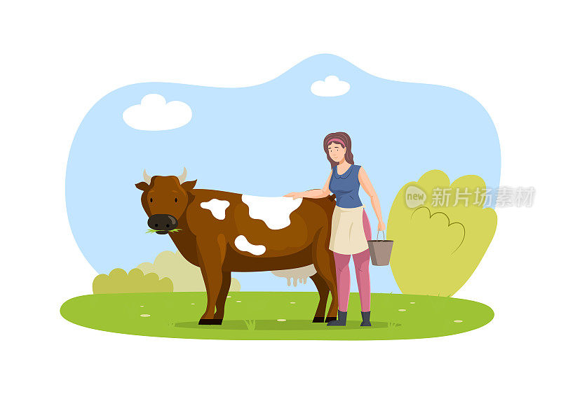 快乐的女农夫和奶牛。微笑的妇女农工挤奶女工拿着一桶牛奶拍一头奶牛。农村农村的生活方式。畜牧业，畜牧业