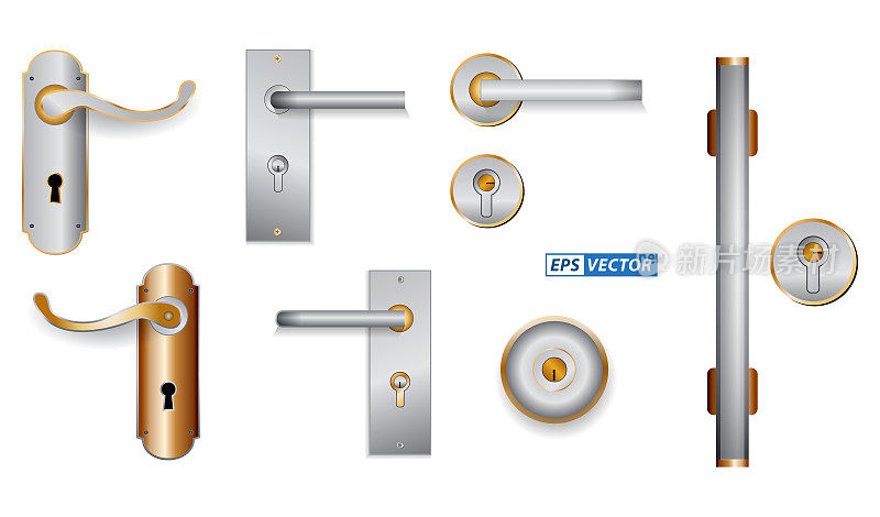 集现实门把手木隔离或现代门把手门风格与钥匙或黄金豪华门钥匙。每股收益