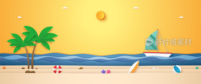 纸艺风格的作品有在波涛汹涌的大海上航行的小船、阳光灿烂的夏日沙滩上的椰子树和夏日阳光灿烂的天空