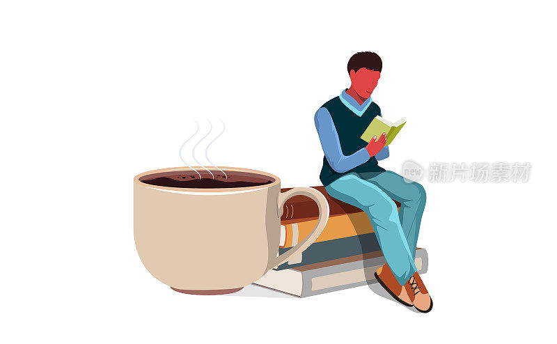 平矢量人坐在一个夸张的咖啡杯和阅读的书。