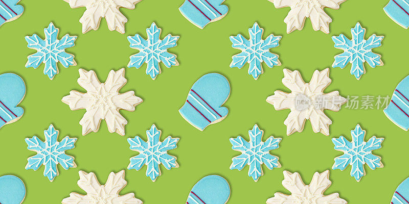 手套，蓝色和白色雪花:圣诞饼干重复图案背景墙纸