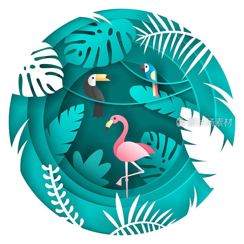 热带森林中的巨嘴鸟、鹦鹉和火烈鸟。纸艺术风格